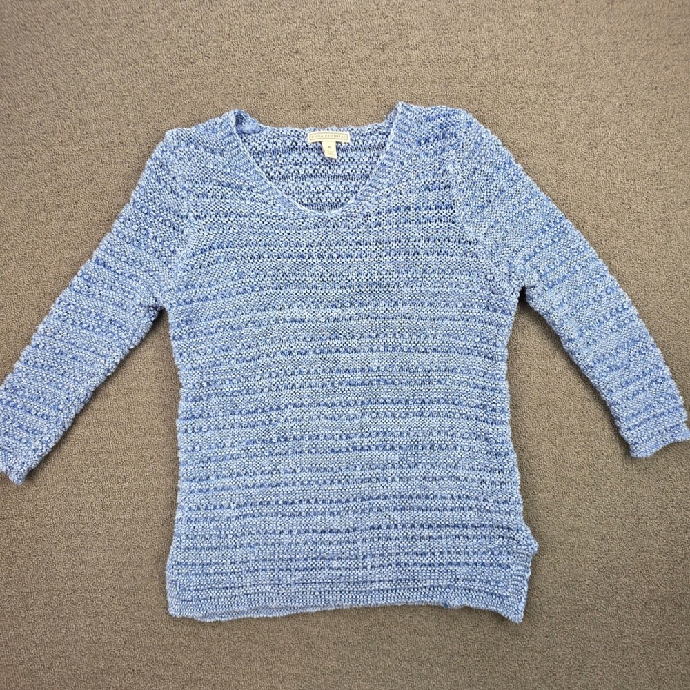 Dana Buchman V-Neck Knit Sweater Women Blue Marled Crochet Open Stitch Small